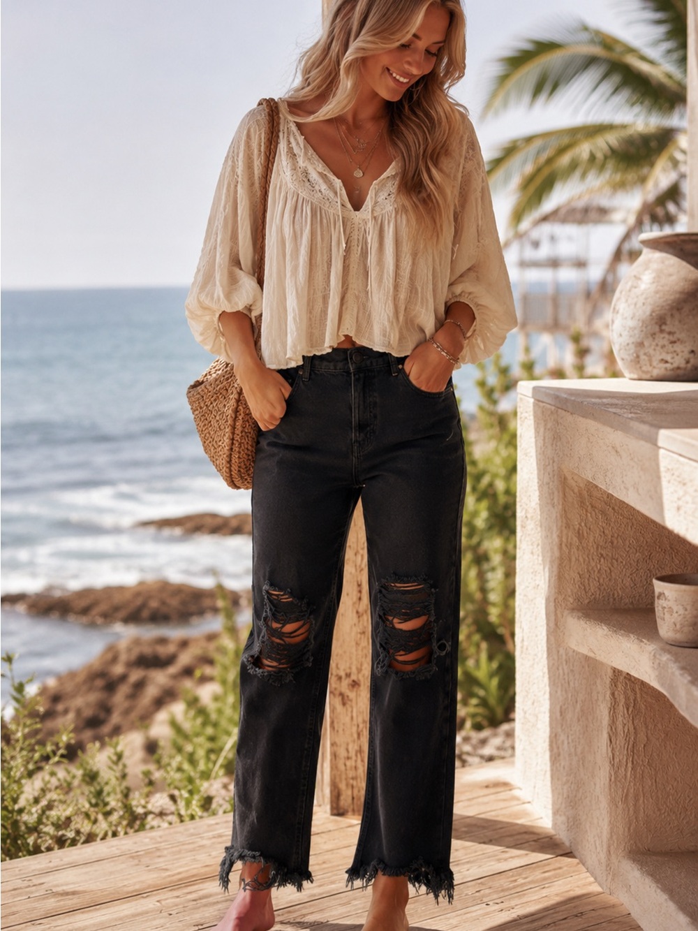 Free People We The Free Black Distressed Button Fly Jeans Size 26 Boho Coastal
